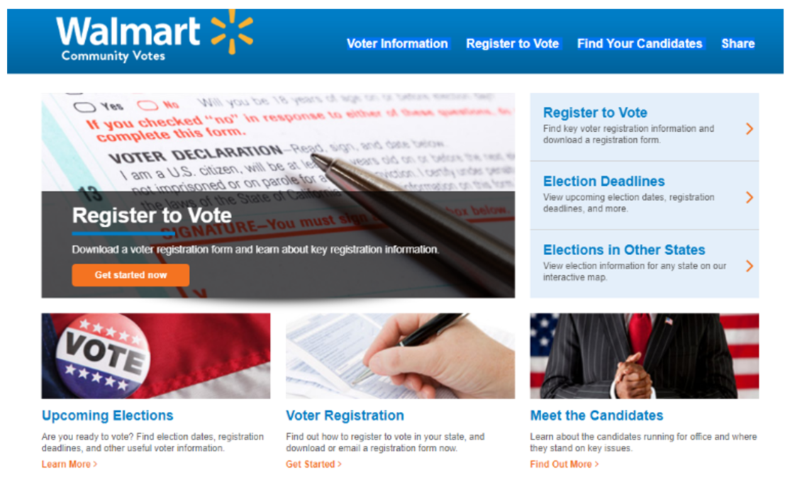 Walmart Community Votes web page voter registration