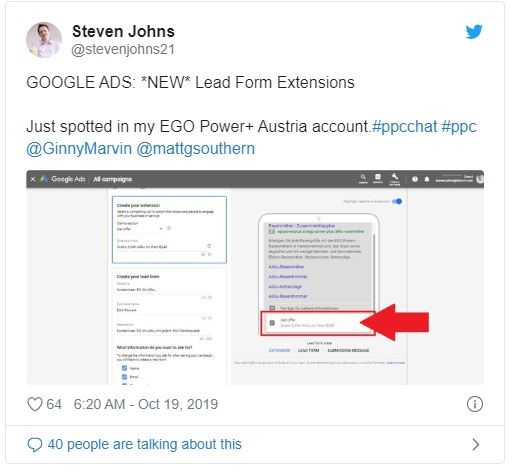 Tweet from steven johns about google ads new lead form extensions