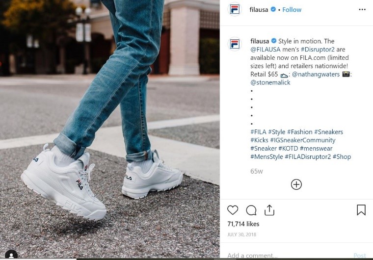 Fila instagram post of someone wearing white fila sneakers walking in the street