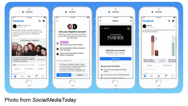 Four phones showing screenshots of Sephora brand loyalty features on Facebook. Photo from SocialMediaToday.