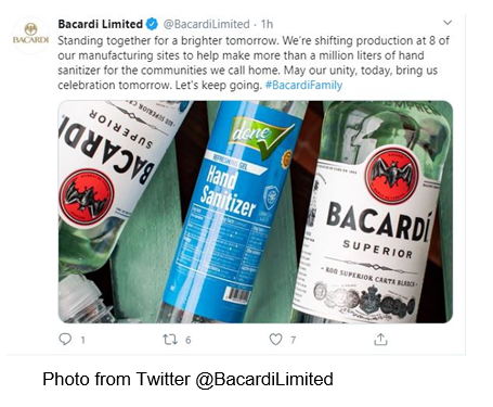 Twitter_Tweet by @bacardilimited saying that they stand with communities to provide them hand sanitizer