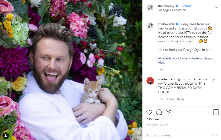 Havenly instagram post mad holding cat surrounded by flowers