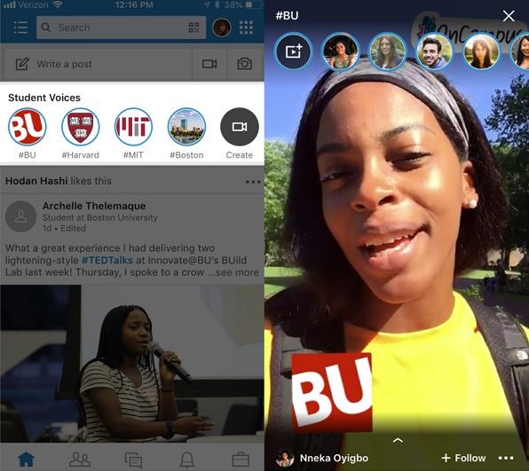 Screenshot of LinkedIn stories on the left and a person's story on the right photo from LinkedIn