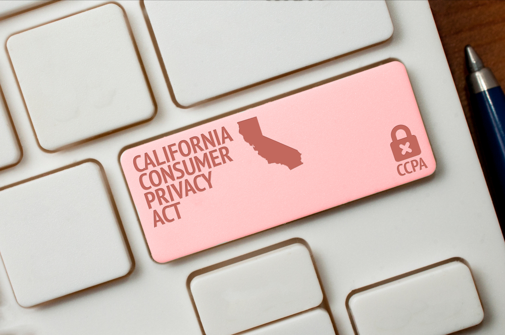 Shutterstock_1590884833 CCPA concept: a white computer keyword with a lock, a California shape and the text California consumer privacy act